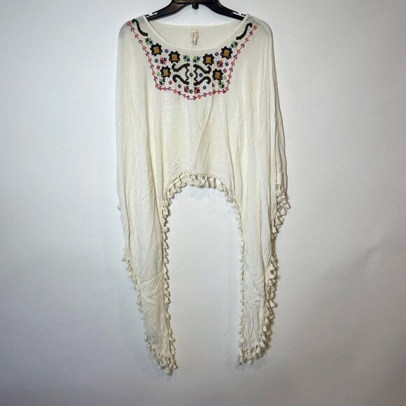 Anthro RAGA Sedona Tunic Flared Sleeve Boho Top XS White Embroidered Fringe - Picture 1 of 10